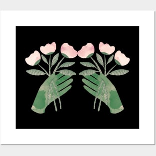 Green hands with powder pink flowers for you on black Posters and Art